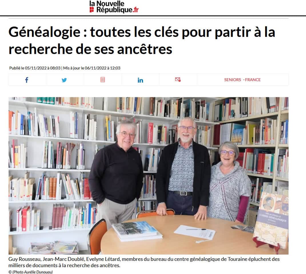La Nouvelle République met en avant la généalogie et le Centre généalogique de Touraine 27 octobre - 5 novembre 2022