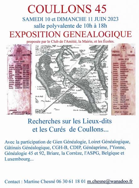 10 et 11 juin 2023 - Coullons 45  - Exposition Généalogique